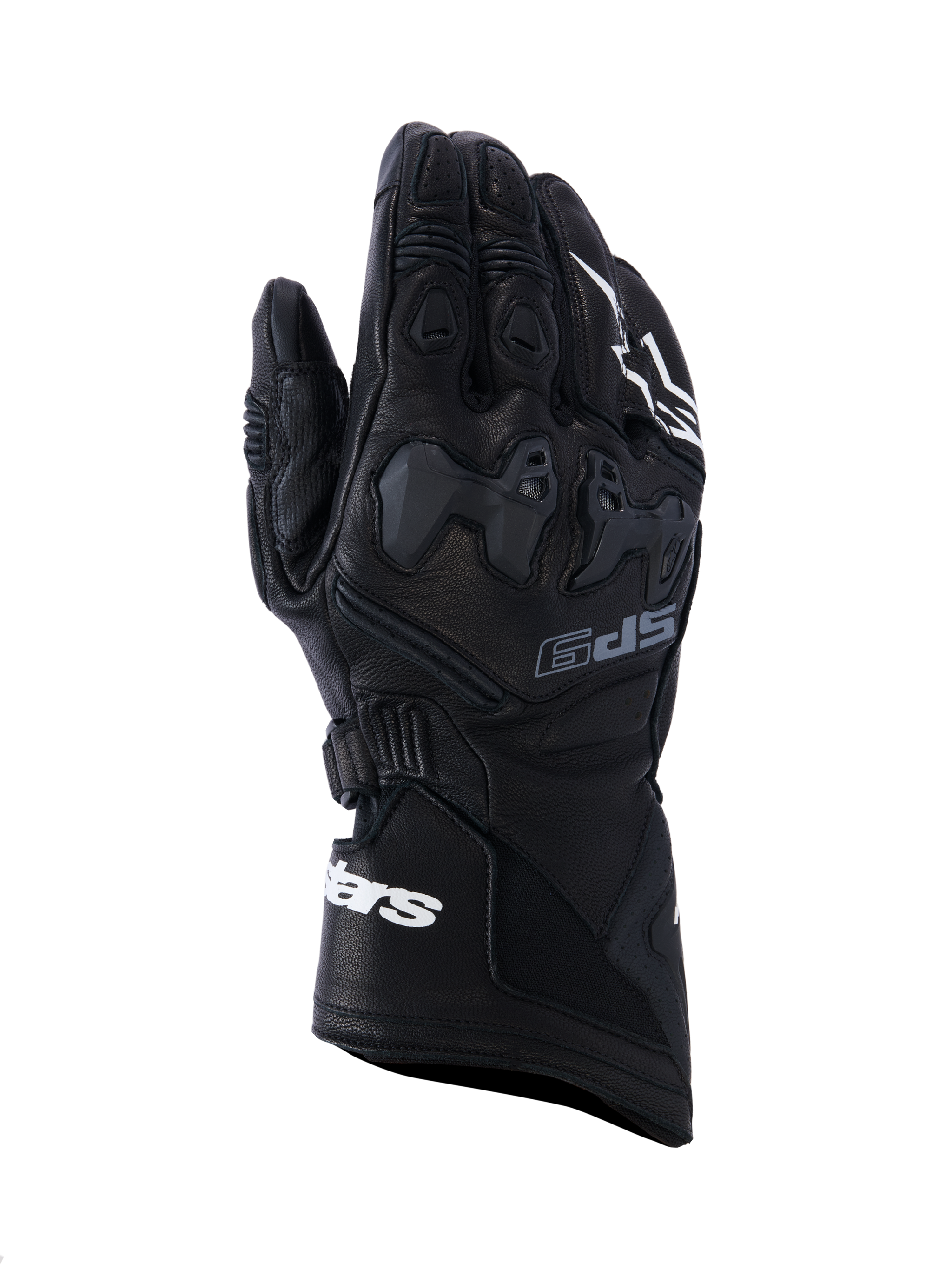 Alpinestars SP-9 Gloves, Black Motorcycle Racing Gloves, Textured Leather with Protective Knuckle and Finger Armor, White Branding, Ergonomic Design with Secure Wrist Strap