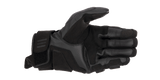 A black and white Alpinestars EU Phenom Leather Glove displaying the palm side, highlighting protective knuckle padding, perforated leather for breathability, and a Velcro strap at the wrist for a secure fit. The Alpinestars logo is visible on the side of these sport performance gloves.