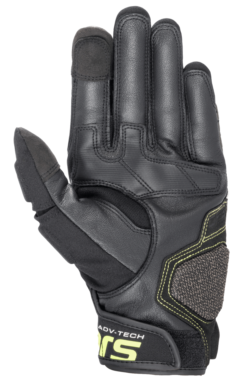 Alpinestars Halo Leather Gloves, Adventure Motorcycle Gloves, Forest Black and Yellow Fluo, palm side view showing reinforced leather construction, fluorescent yellow stitching, and touchscreen compatible index and thumb tips.