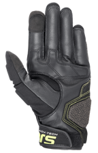 Alpinestars Halo Leather Gloves, Adventure Motorcycle Gloves, Forest Black and Yellow Fluo, palm side view showing reinforced leather construction, fluorescent yellow stitching, and touchscreen compatible index and thumb tips.