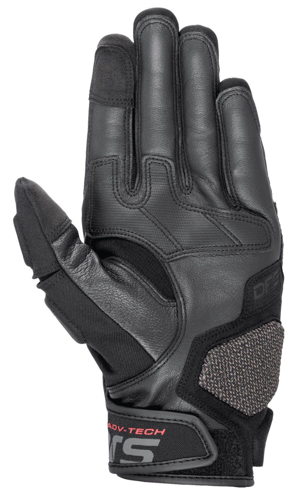 Alpinestars Halo Leather Gloves, Adventure Touring Motorcycle Gloves, Dark Blue and Black, palm side view featuring premium goat leather, rubberized grip zones, ARshield protection pad, and red ADV-TECH lettering on the wrist closure.