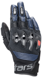 Alpinestars Halo Leather Gloves, Motorcycle Gloves, Dark Blue and Black, featuring over-injected knuckle protection, perforated leather fingers, mesh panels for ventilation, and a short cuff design with Alpinestars branding