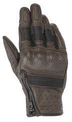 Alpinestars Rayburn V2 Leather Gloves, Tobacco Brown, heritage-inspired leather motorcycle gloves featuring perforated panels, covered hard knuckle protection, accordion stretch inserts on fingers, and a side zipper closure.