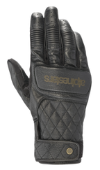 Alpinestars Brass Lt Gloves, Black leather motorcycle gloves featuring a quilted diamond pattern on the backhand, ribbed knuckle protection, perforated fingers, and gold branding with a snap button wrist closure