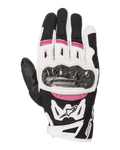 Alpinestars Stella SMX-2 Air Carbon V2 Gloves, Women's Motorcycle Racing Gloves, Black White and Fuchsia, featuring a carbon fiber knuckle guard, 3D mesh ventilation, and Alpinestars logo, sporty short-cuff design