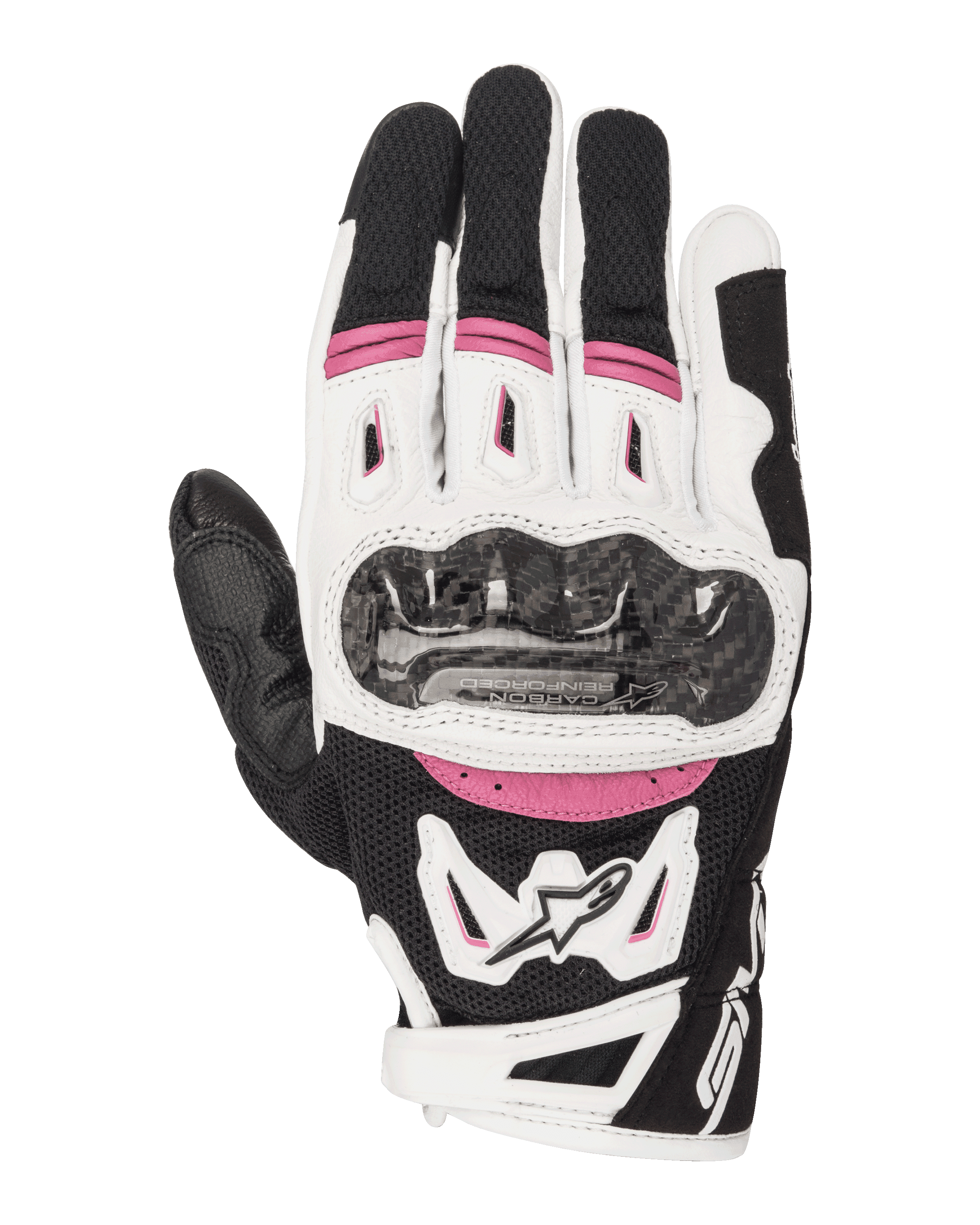 Alpinestars Stella SMX-2 Air Carbon V2 Gloves, Women's Motorcycle Racing Gloves, Black White and Fuchsia, featuring a carbon fiber knuckle guard, 3D mesh ventilation, and Alpinestars logo, sporty short-cuff design