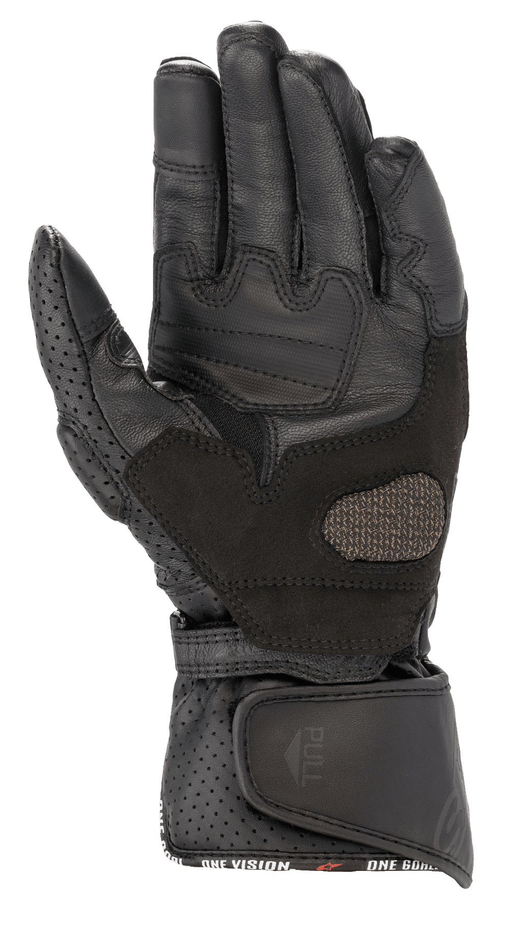 Alpinestars Women Stella SP-8 V3 Gloves, Motorcycle Gloves, Black Black, palm view showing reinforced leather panels and perforated details, wide adjustable wrist closure with pull tab, high-performance protective gear for women