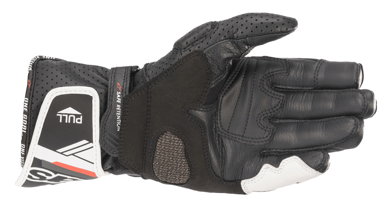 The Women Stella SP-8 V3 Gloves by Alpinestars EU are constructed from full grain goat leather and feature hard knuckle protection for enhanced safety. These black and white motorcycle gloves boast branding and a logo with lettering on the wrist strap and fingers. Designed for protective riding, they also offer ventilation holes for added comfort.