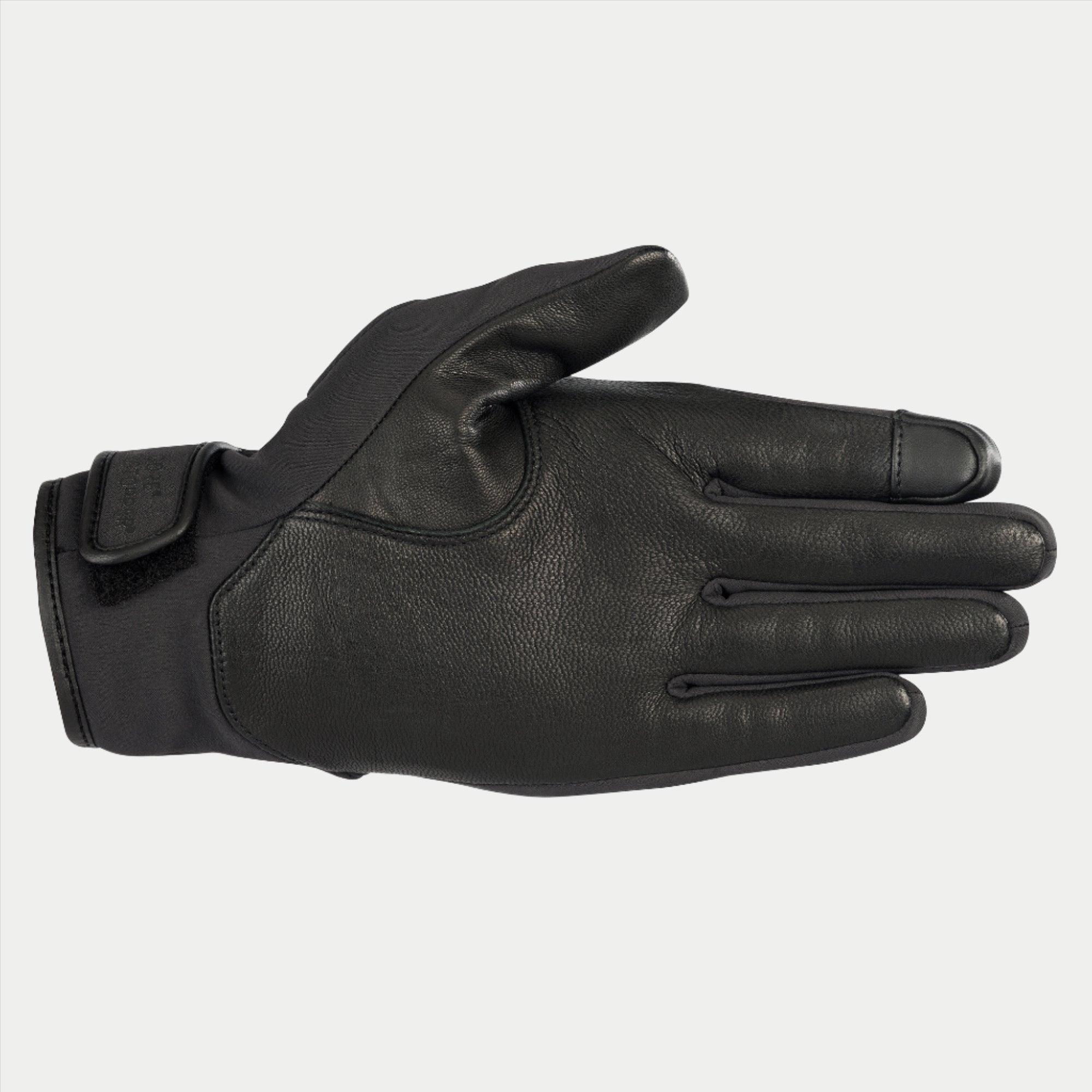 Alpinestars Women Stella C1 Windstopper V2 Gloves, Black, palm view featuring full-grain leather reinforcements and touchscreen compatible index fingertip, hook and loop cuff closure, sleek urban riding design