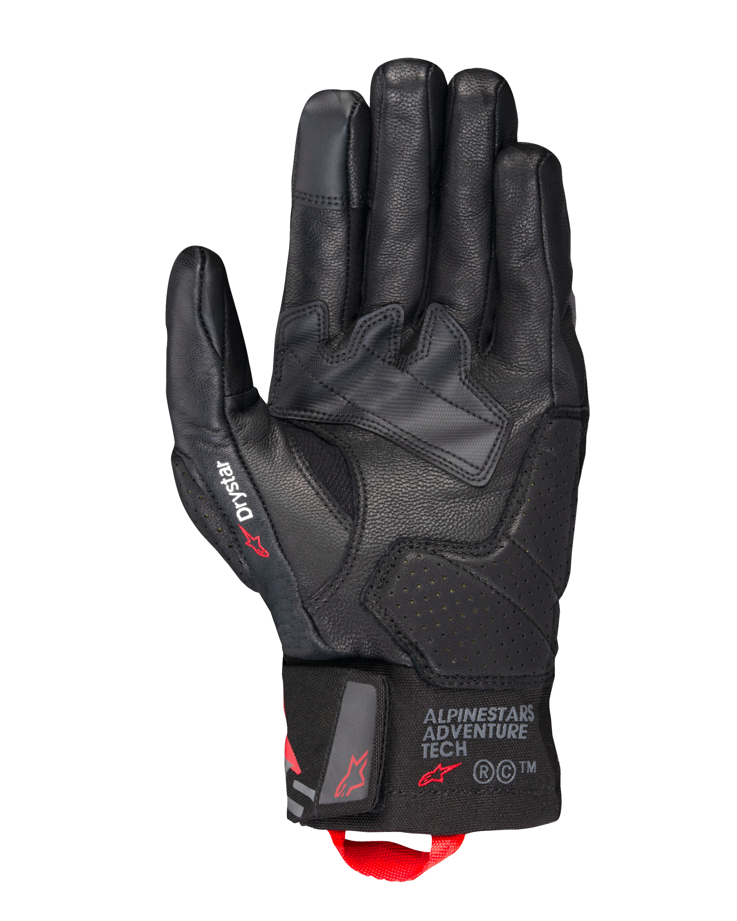 Alpinestars Belize V3 Drystar® Gloves, Black Motorcycle Touring Gloves, palm view featuring leather construction with perforated reinforcements, Drystar branding on the thumb, Adventure Tech logo on the cuff, and a red pull loop.
