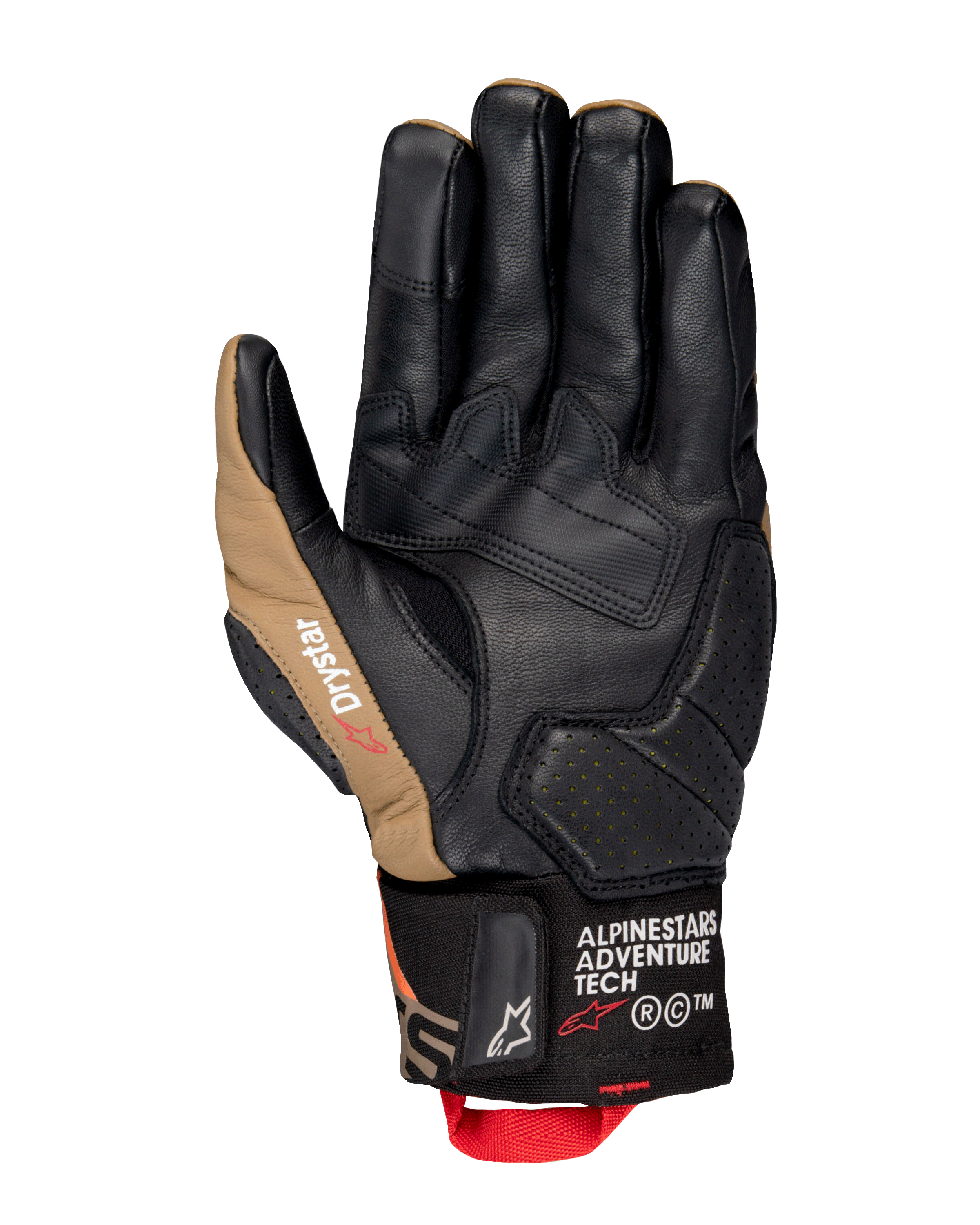 Alpinestars Belize V3 Drystar® Gloves, palm view of a short-cuff motorcycle glove in Black and Gobi Brown, leather construction with reinforced palm, perforated detailing, and red pull tab.
