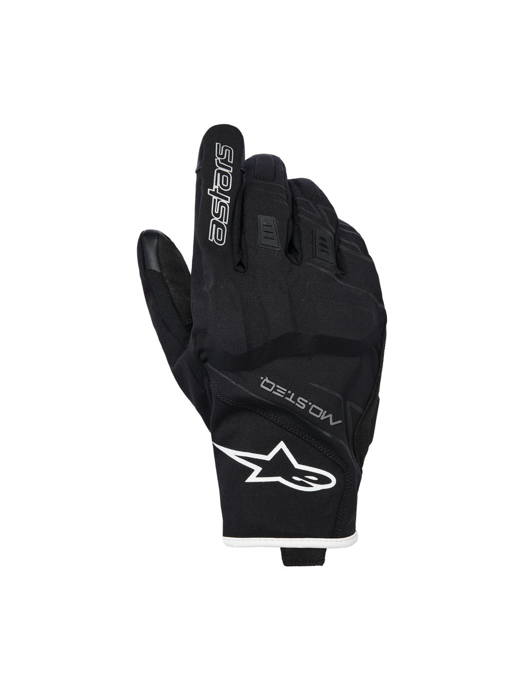 Alpinestars Moblast Waterproof Gloves, Motorcycle Gloves, Black and White, backhand view showing white star logo on the wrist and 'astars' branding on the index finger, featuring MO.ST.EQ. text and textured stretch material with reinforced knuckles, short-cuff design.
