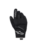 Alpinestars Moblast Waterproof Gloves, Motorcycle Gloves, Black and White, backhand view showing white star logo on the wrist and 'astars' branding on the index finger, featuring MO.ST.EQ. text and textured stretch material with reinforced knuckles, short-cuff design.