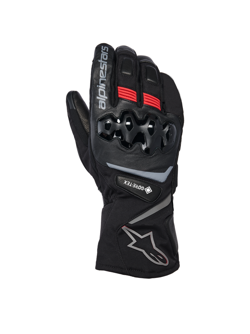Alpinestars WT-8 GORE-TEX Insulated Gloves, Motorcycle Winter Gloves, Black with red accents and silver logos, featuring hard TPU knuckle protection, long cuff, and GORE-TEX waterproofing for cold weather riding