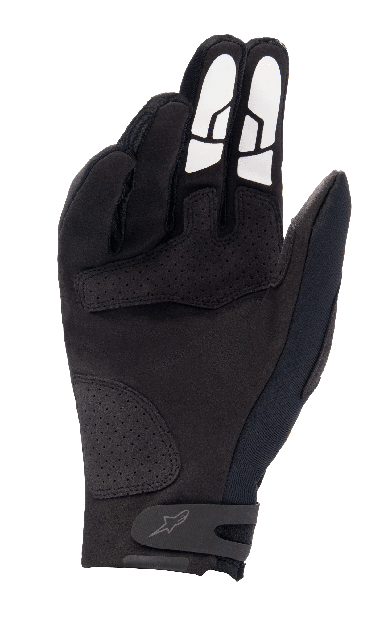 Alpinestars Thermo Shielder Gloves, Black Motocross Gloves, palm side view showing synthetic suede construction, perforated reinforcement patches, white silicone grip patterns on fingers, and a secure wrist strap with logo.