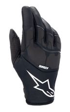 Alpinestars Thermo Shielder Gloves, Black Motocross Gloves, featuring a large white star logo and ASTARS branding, padded backhand with laser-laminated details, neoprene construction for cold weather, perforated thumb ventilation