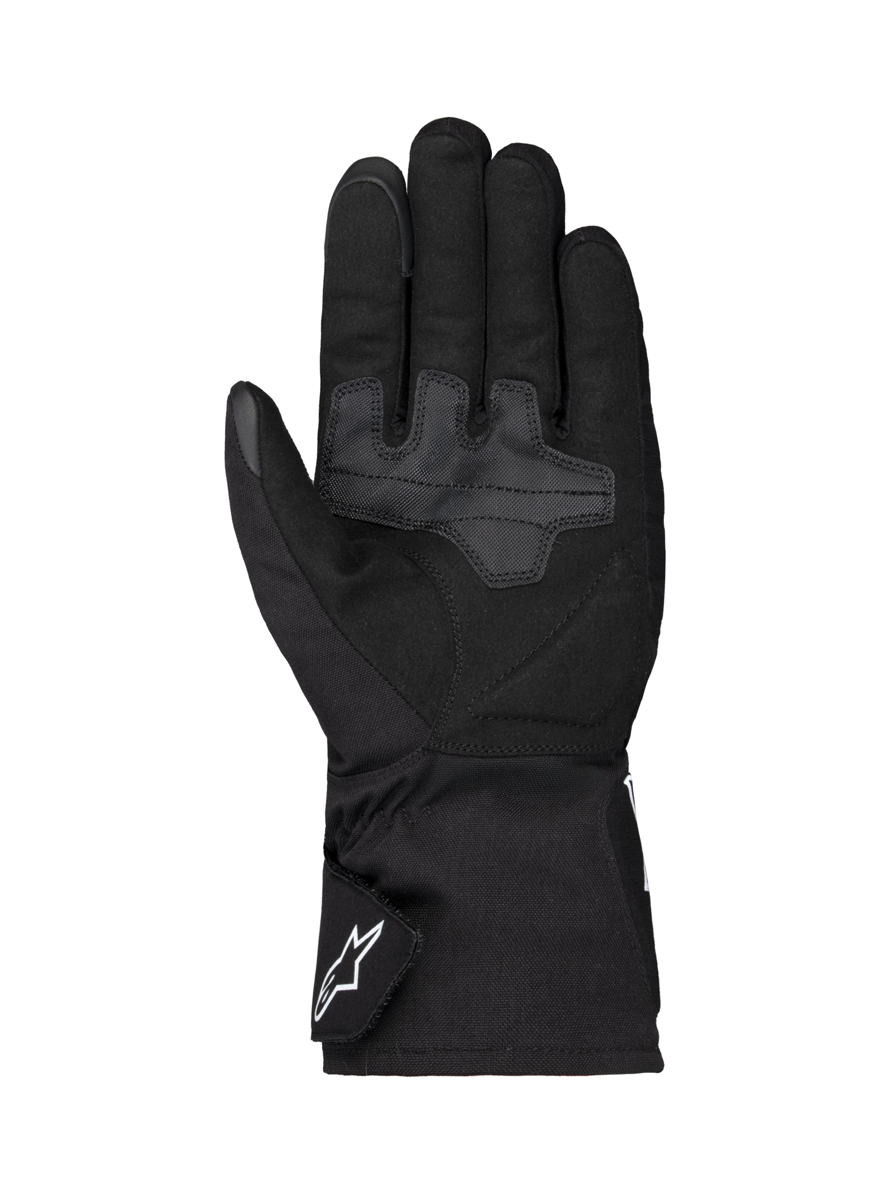 Alpinestars Wt-1 Drystar® Insulated Gloves, Motorcycle Gloves, Black, palm view featuring reinforced textile grip areas, long cuff with white Alpinestars logo on the strap, weather-resistant construction for road riding