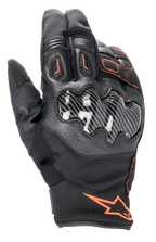 Alpinestars SMX-1 Drystar® Gloves, Motorcycle Riding Gloves, Black with Red Fluo accents, featuring a carbon effect knuckle protector, short cuff, leather and textile construction, waterproof Drystar® membrane