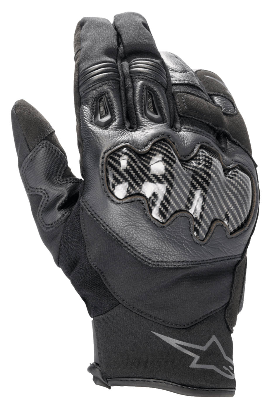 Alpinestars SMX-1 Drystar® Gloves, Black Motorcycle Gloves, featuring carbon effect knuckle protection, leather and textile construction, short cuff with Alpinestars logo on the wrist