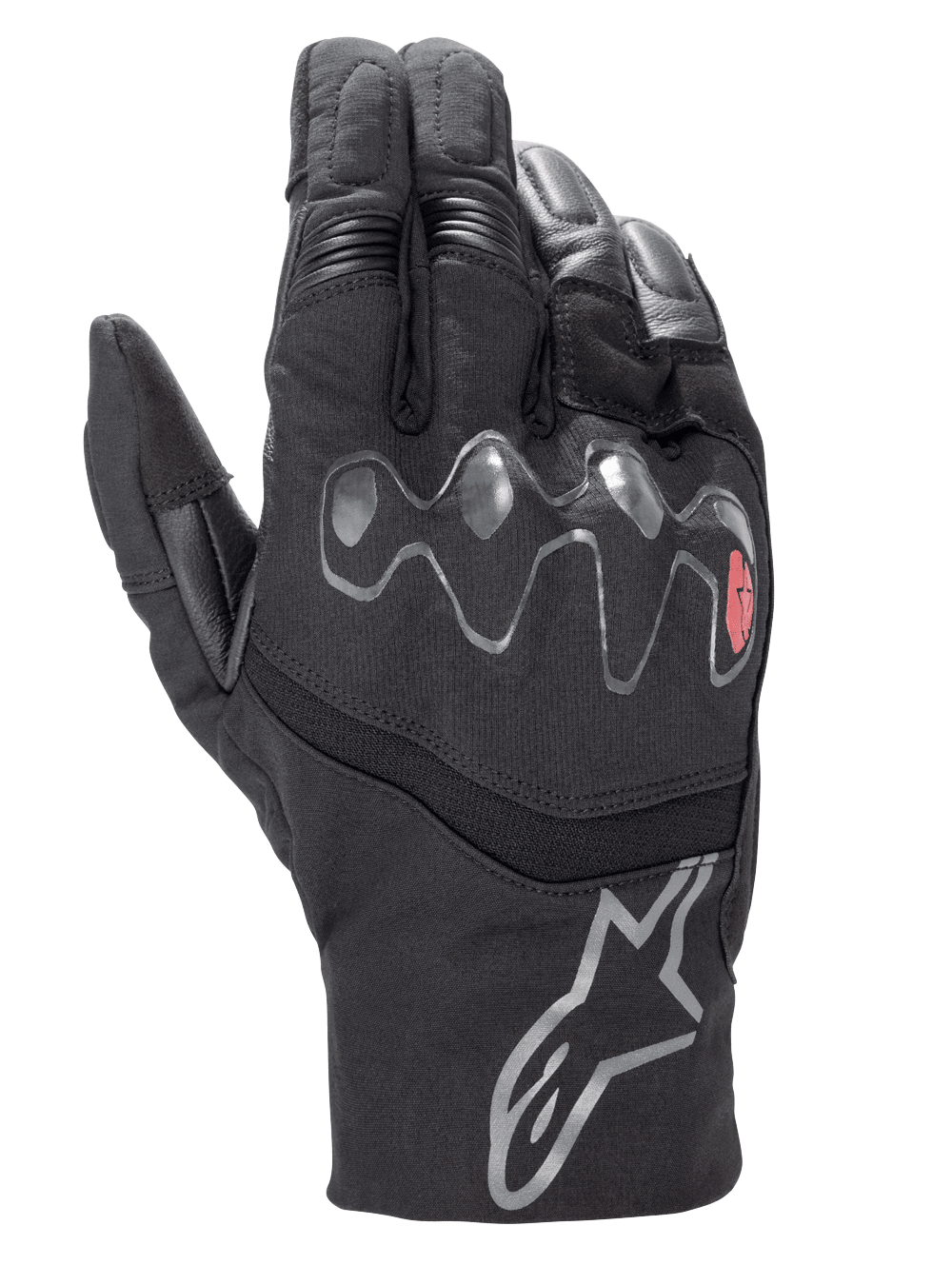 Alpinestars Hyde XT Drystar® XF Gloves, Black Motorcycle Gloves, wavy viscoelastic knuckle protector with red accent, mid-length cuff with silver star logo, waterproof textile and synthetic suede construction, adventure touring gear