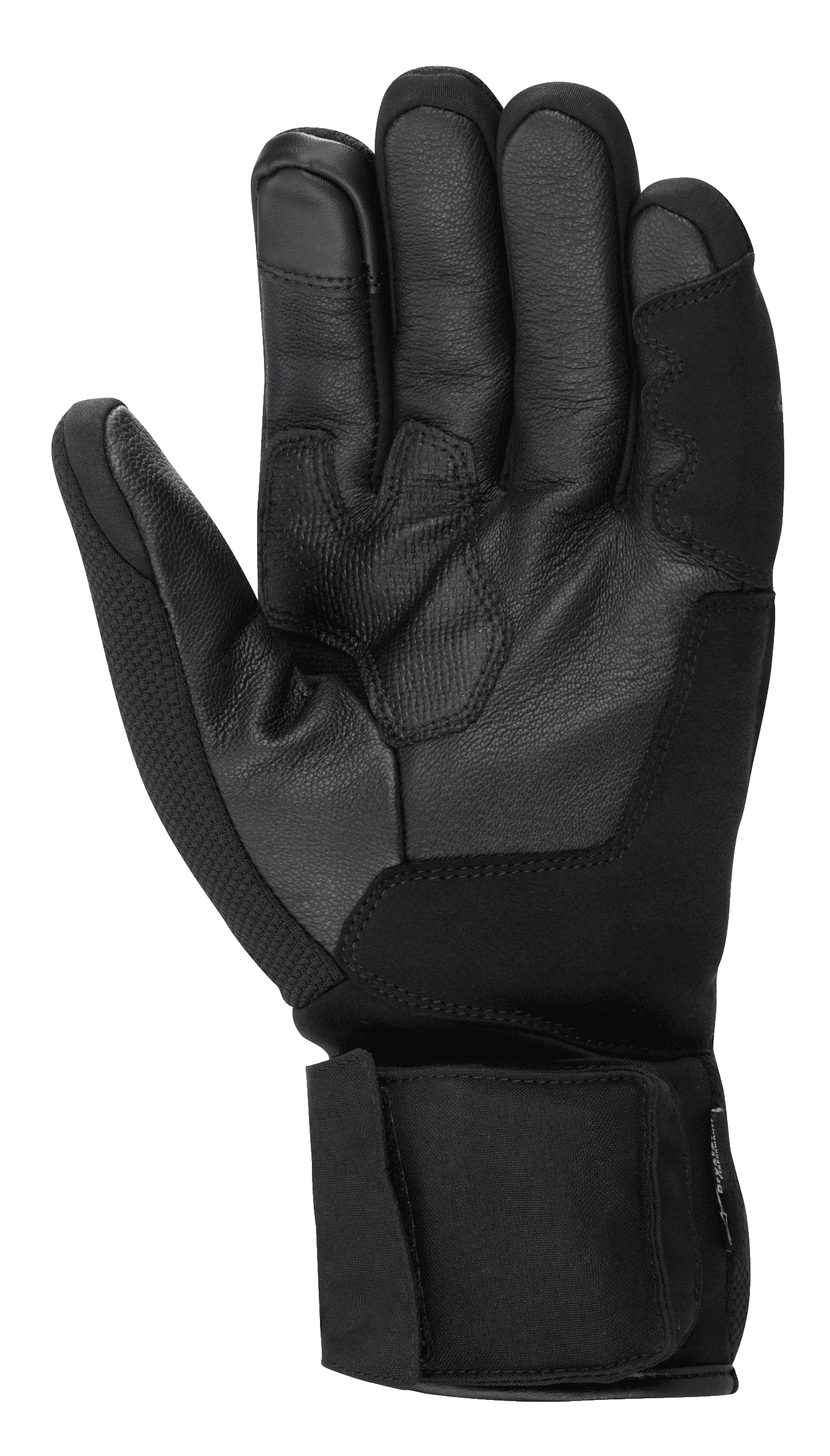 Alpinestars HT-3 Heat Tech Drystar® Gloves, Black motorcycle gloves, palm view showing goat leather construction, textured grip on palm and thumb, adjustable cuff strap, touchscreen compatible index finger, winter touring gear