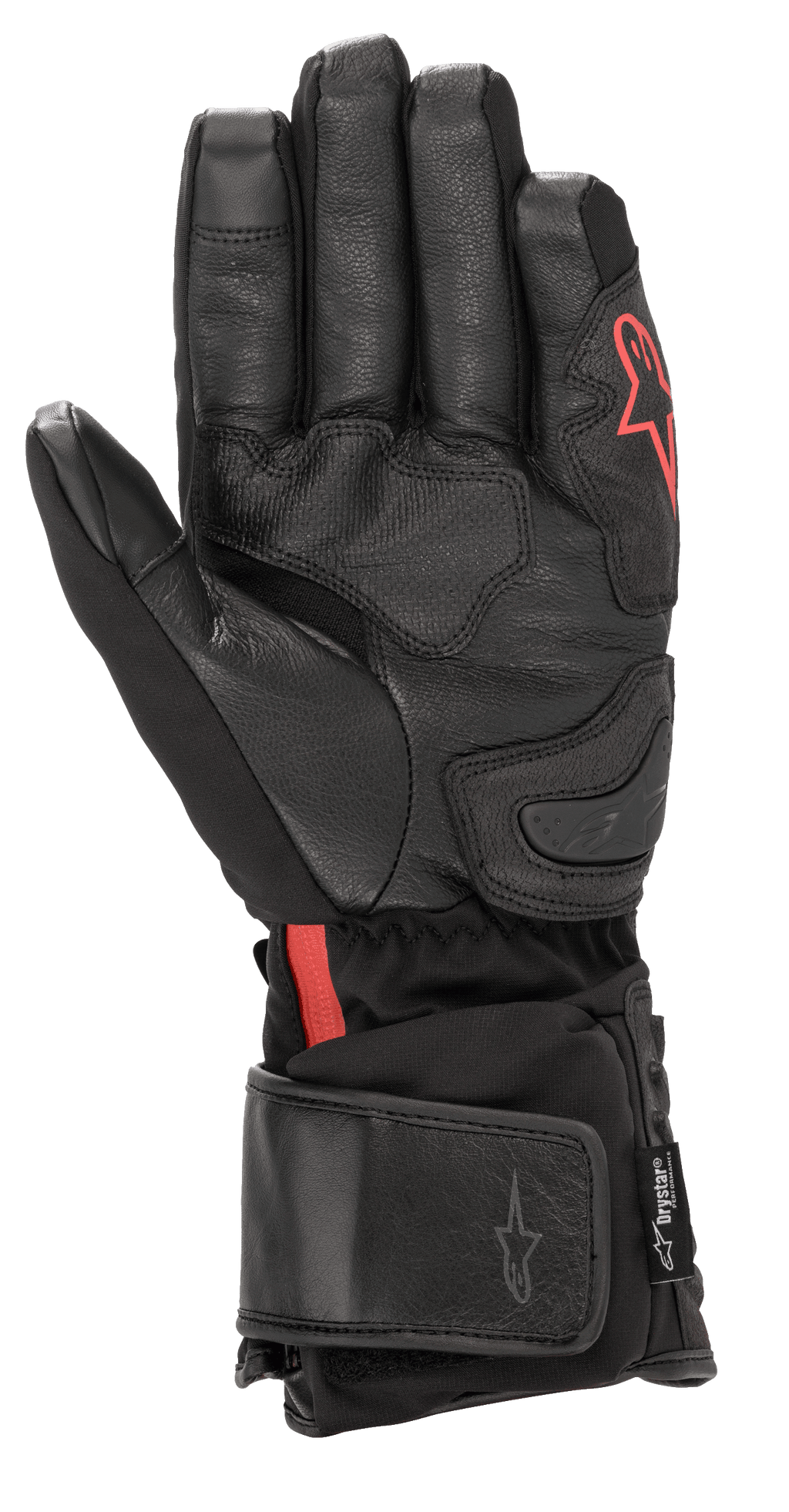 Alpinestars HT-7 Heat Tech Drystar® Gloves, Black Heated Motorcycle Gloves, featuring leather palm and softshell construction with red Alpinestars logo, waterproof Drystar® tech, and adjustable cuff for cold-weather road riding