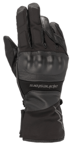 Alpinestars Range 2 In One GORE-TEX Glove With Goregrip Tech, Black motorcycle glove, back of hand view featuring a molded knuckle protector, leather and fabric construction, long cuff with Alpinestars branding, waterproof adventure touring gear
