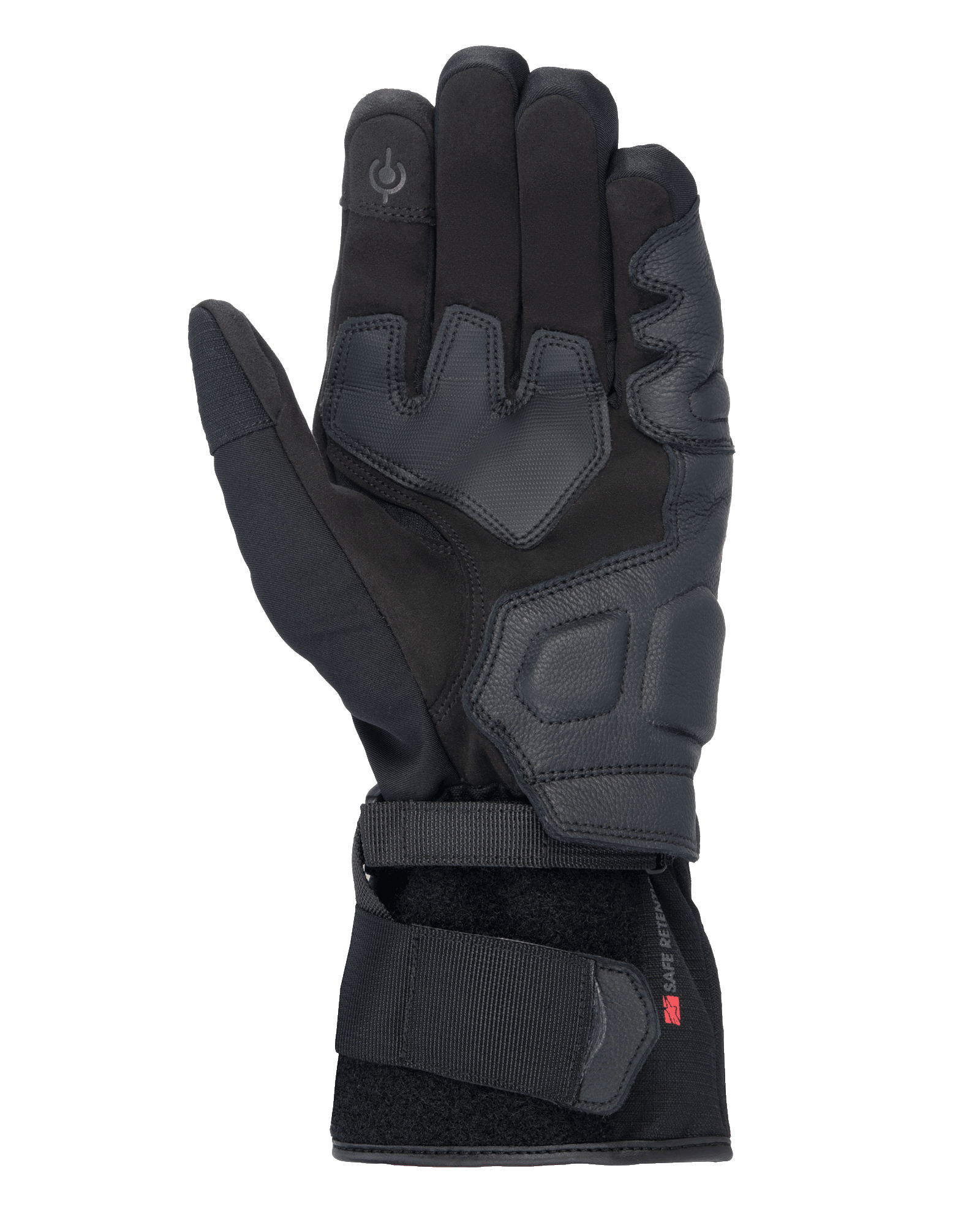 Alpinestars Tourer W-7 V2 Drystar® Gloves, Black motorcycle gloves, palm view featuring leather reinforcements, padded grip areas, touchscreen-compatible fingertip, and secure wrist strap closure.
