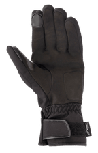 Alpinestars SR-3 V2 Drystar® Gloves, Waterproof Motorcycle Gloves, Black, palm view featuring synthetic leather, gauntlet cuff with velcro closure, and touchscreen compatible fingertips