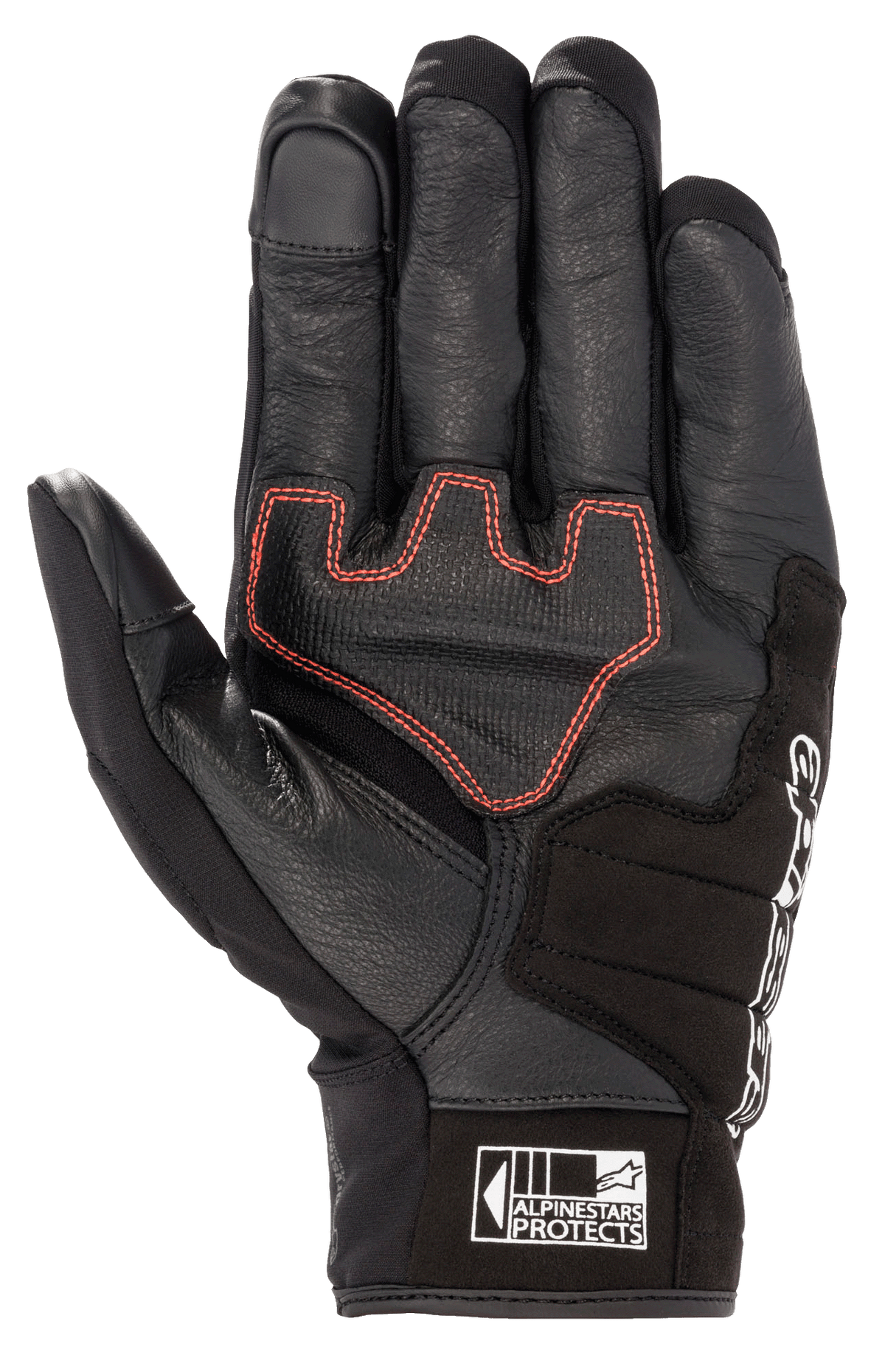 Alpinestars Honda SMX Z Drystar® Glove, short cuff motorcycle glove, Black with bright red geometric stitching on the palm, goat leather construction with suede reinforcements, features touchscreen compatible fingertips and Alpinestars Protects logo on the cuff.