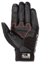 Alpinestars Honda SMX Z Drystar® Glove, short cuff motorcycle glove, Black with bright red geometric stitching on the palm, goat leather construction with suede reinforcements, features touchscreen compatible fingertips and Alpinestars Protects logo on the cuff.