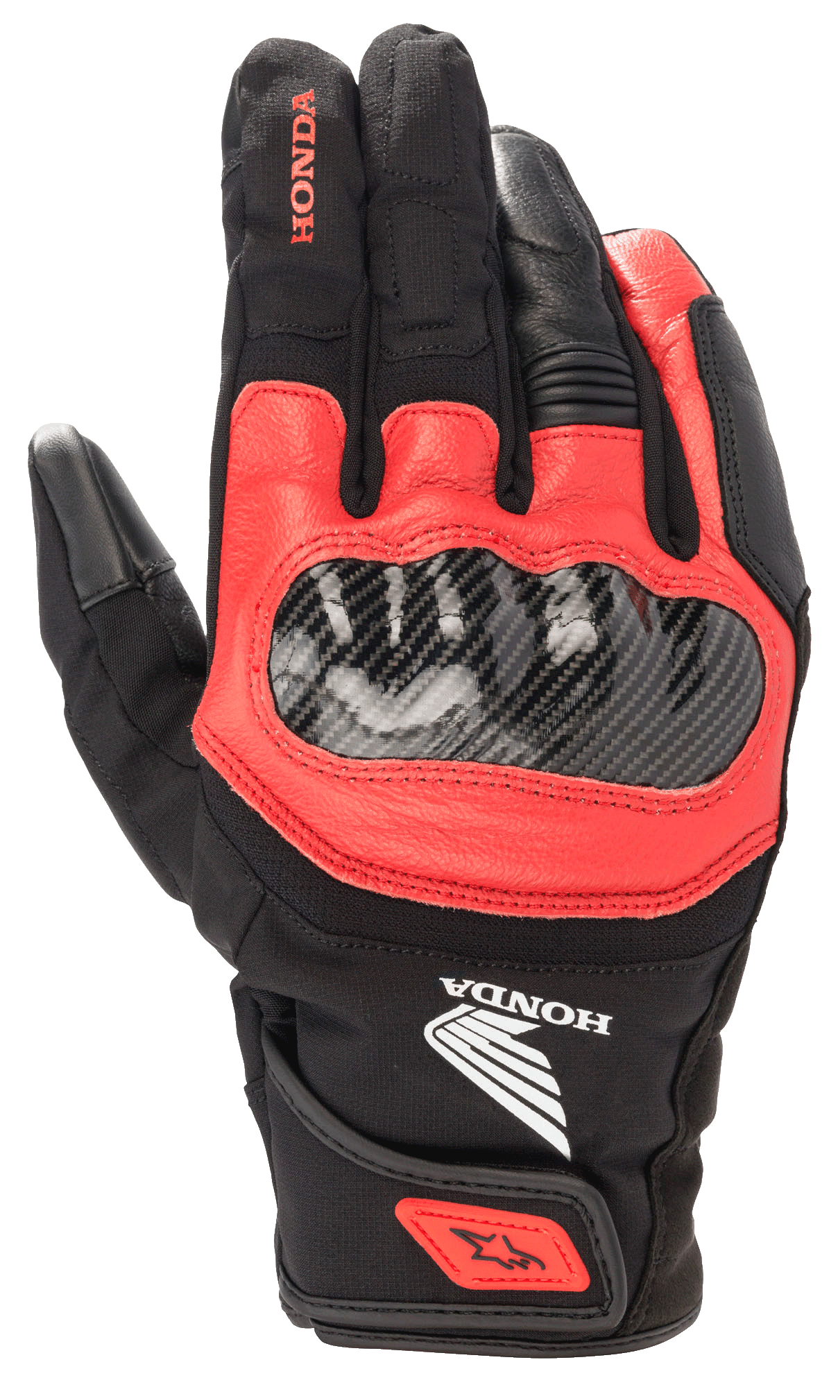 Honda SMX Z Drystar® Glove, Black and Bright Red Motorcycle Glove, Carbon Fiber Knuckle Guard, Leather and Textile Construction, Honda Branding, Waterproof Protection, Short Cuff with Wrist Strap
