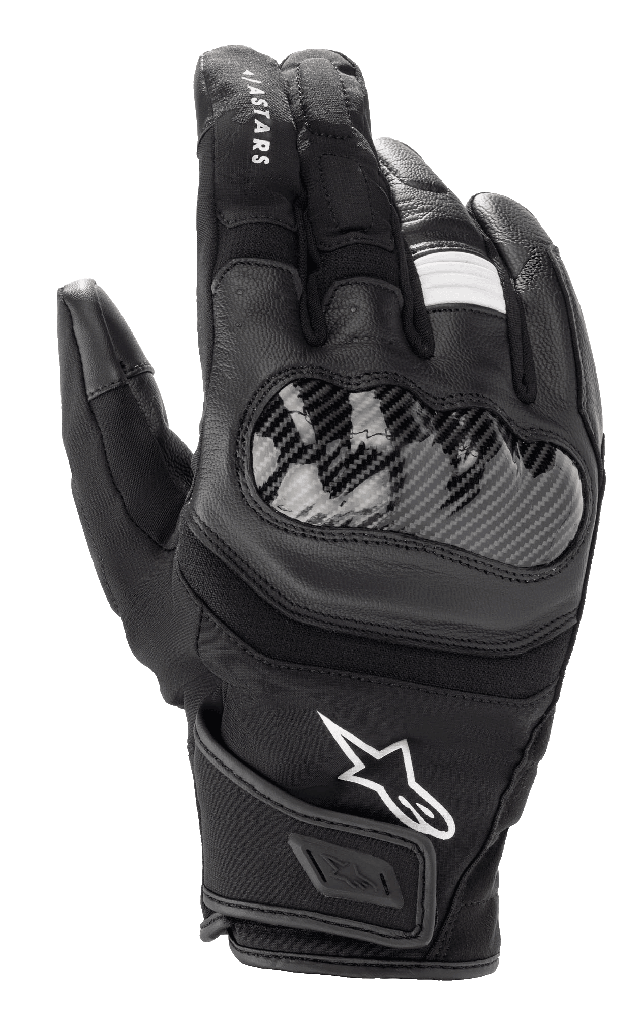 Alpinestars SMX Z Drystar® Gloves, Short Cuff Motorcycle Gloves, Black, featuring hard knuckle protection with carbon-fiber look, leather and fabric construction, white Alpinestars logo, and waterproof Drystar® technology
