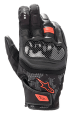 Alpinestars SMX Z Drystar® Gloves, Motorcycle Riding Gloves, Black and Red Fluo, carbon fiber-style hard knuckle protector, leather and textile construction, waterproof short-cuff design