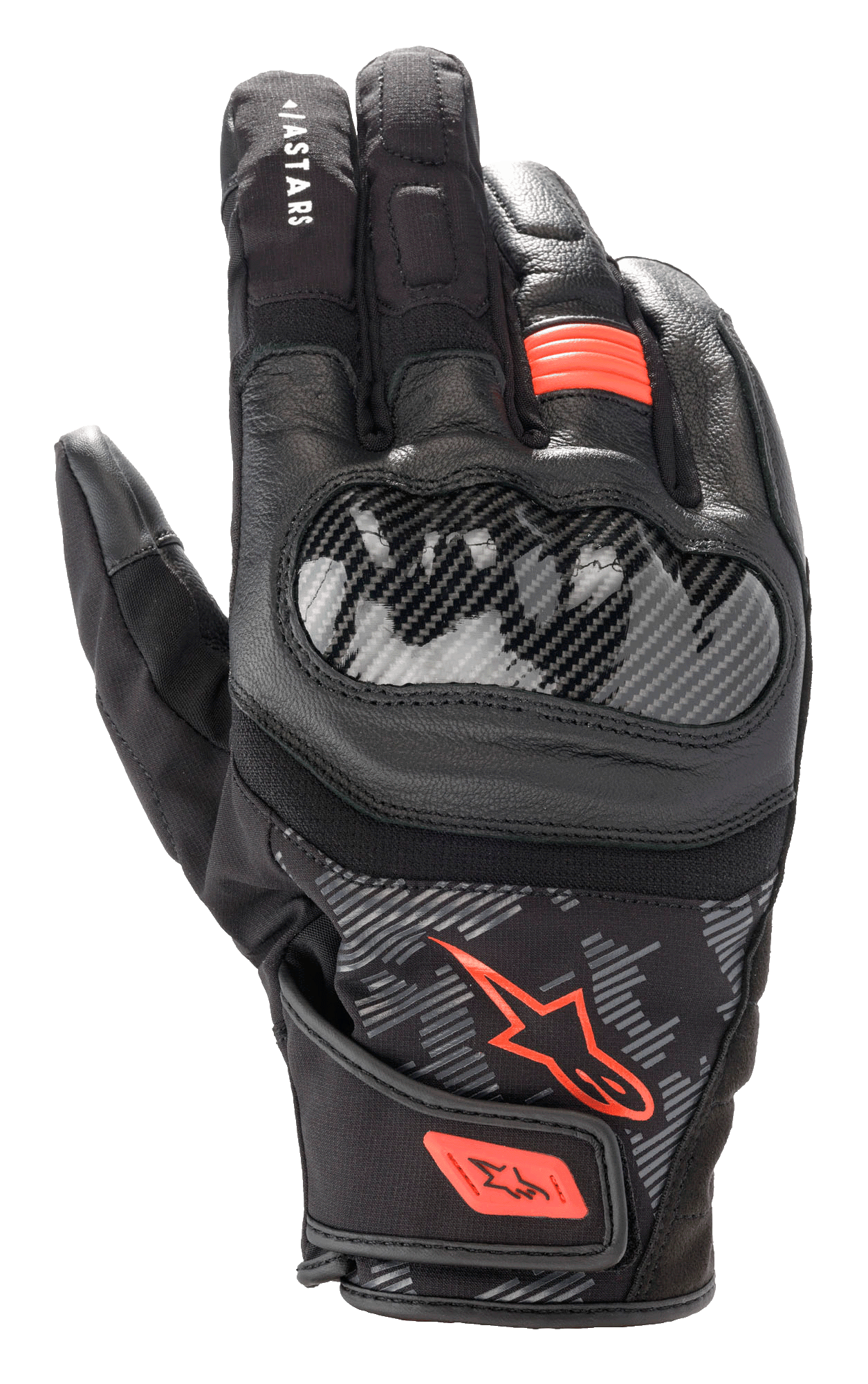 Alpinestars SMX Z Drystar® Gloves, Motorcycle Riding Gloves, Black and Red Fluo, carbon fiber-style hard knuckle protector, leather and textile construction, waterproof short-cuff design