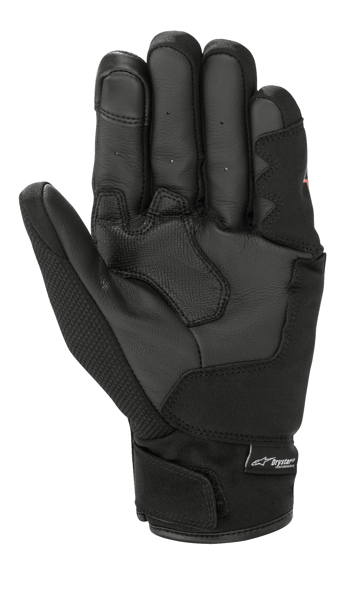 Alpinestars S-Max Drystar® Glove, Short Cuff Motorcycle Glove, Black, palm view featuring leather construction, reinforced grip panels, and adjustable wrist closure with Drystar branding