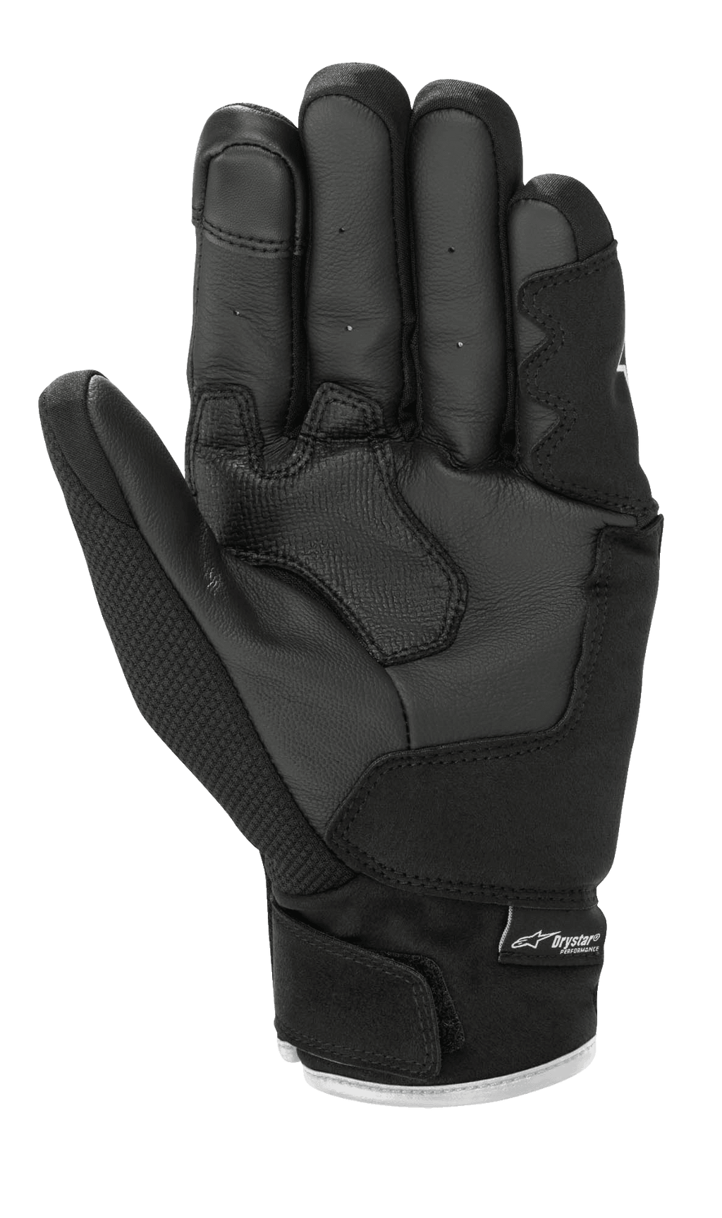 Alpinestars S-Max Drystar® Gloves, Motorcycle Gloves, Black and White, Palm view showing leather construction with reinforced padding, short cuff with hook-and-loop closure, and Drystar® branding