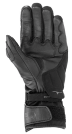 Alpinestars SP-365 Drystar® Gloves, Black and Anthracite Gray, palm view showing reinforced leather and synthetic suede construction, waterproof motorcycle performance gloves with adjustable wrist closure