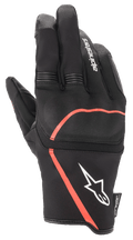Alpinestars Syncro V2 Drystar® Gloves, Urban Motorcycle Gloves, Black with Red Fluo accents, featuring flexible knuckle protection, white Alpinestars logo on the cuff, and accordion stretch panels on the fingers, waterproof and breathable design.