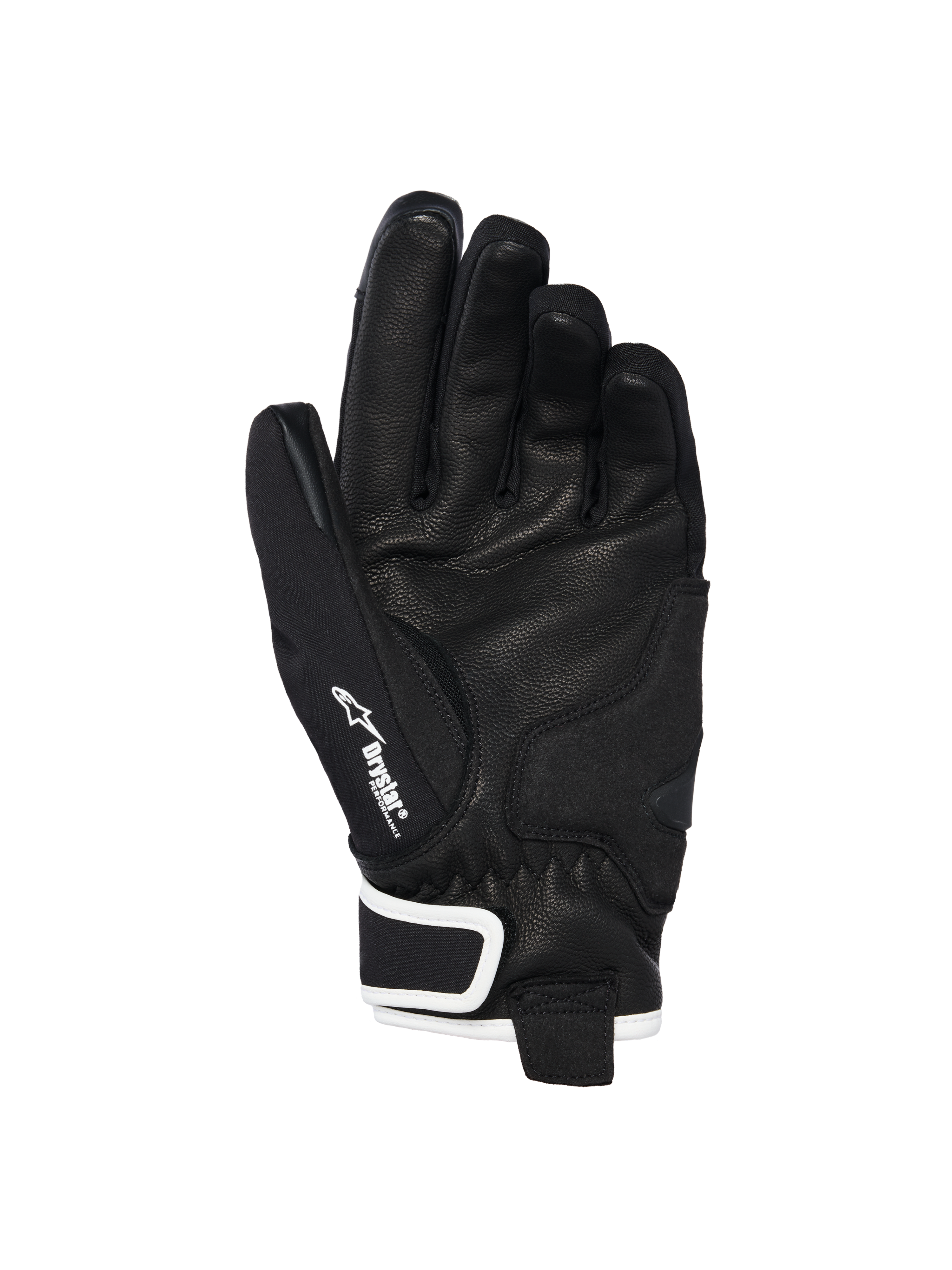 Alpinestars Stella Moblast Waterproof Gloves, palm view, black goat leather with textured grip, white accents and Drystar branding, short-cuff design for urban motorcycle riding