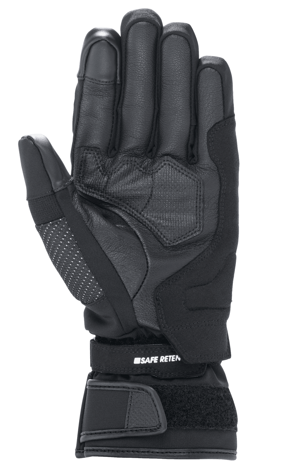 Alpinestars Women Stella Andes V3 Drystar® Gloves, Black Anthracite motorcycle glove, palm view showing goat leather construction, reinforced padding, and adjustable velcro wrist strap with Safe Retention branding.