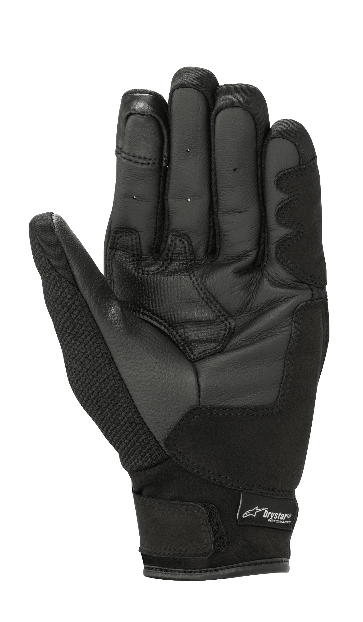 Alpinestars Stella S-Max Women's Drystar Gloves, Black, palm view showing leather grip reinforcements, stretch mesh fabric, hook and loop strap, and Drystar branding, waterproof sport motorcycle gear