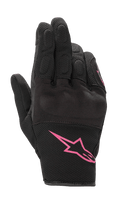 Alpinestars Stella S-Max Women's Gloves, Motorcycle Gloves, Black and Fuchsia, featuring a pink Alpinestars logo on the cuff, short-cuff design with textured mesh and integrated knuckle protection