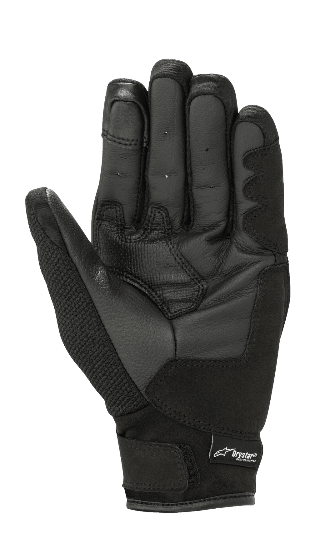 Alpinestars Stella S-Max Drystar Women's Gloves, Black Anthracite, palm view showing leather construction, reinforced grip areas, and hook-and-loop wrist closure with Drystar branding