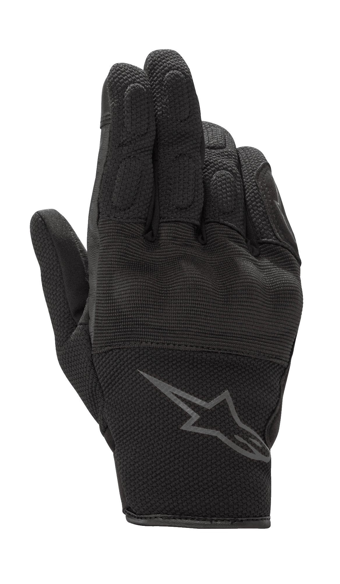 Alpinestars S-Max Women's Gloves, Motorcycle Gloves, Black Anthracite, short-cuff design with leather and stretch mesh construction, featuring hard knuckle protection and a gray Alpinestars logo on the wrist, waterproof protective gear for road riding