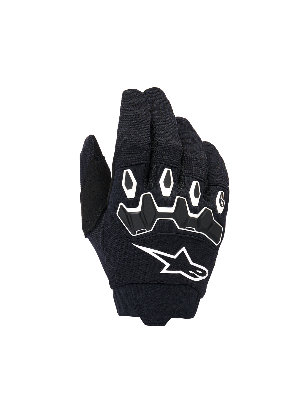 Alpinestars Youth & Kids Full Bore V2 Gloves, Motocross Gloves, Black and White, featuring ergonomic TPR knuckle protection with white outlines, large white Alpinestars logo, breathable textile construction for off-road racing