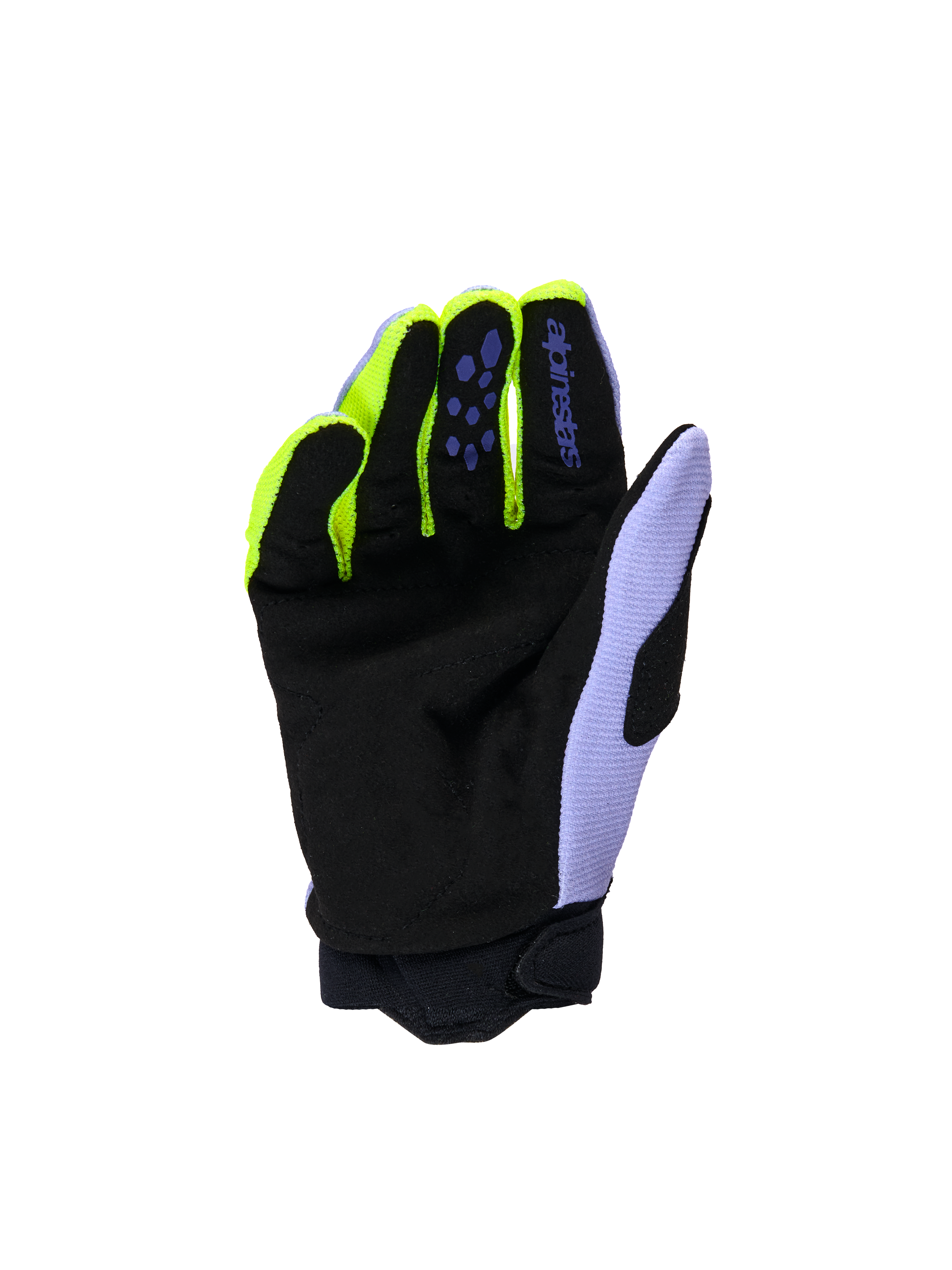 Alpinestars Youth & Kids Full Bore V2 Gloves, Motocross Gloves, Purple Yellow Fluo, palm view featuring black reinforced synthetic suede, neon yellow finger accents, and lavender thumb panel, durable construction for youth off-road riders