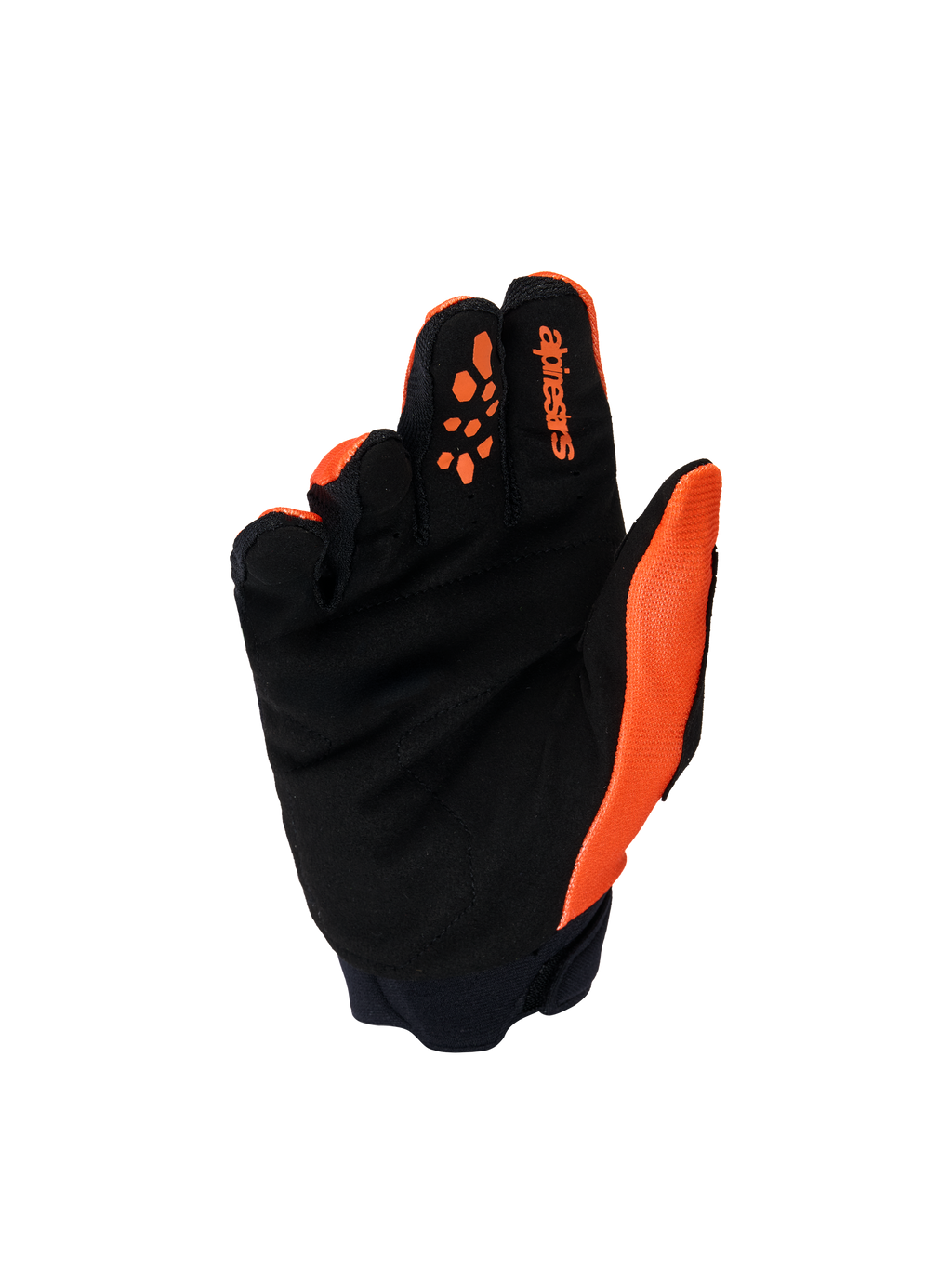 Alpinestars Youth & Kids Full Bore V2 Gloves, Motocross Gloves, Orange and Black, palm view featuring reinforced synthetic suede, silicone finger prints for lever control, and Alpinestars branding on the index finger.