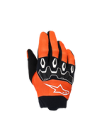 Alpinestars Youth & Kids Full Bore V2 Gloves, Motocross Gloves, Orange White and Black, featuring black TPR knuckle protection with white geometric patterns, white star logo, and black neoprene cuff, youth off-road riding gear