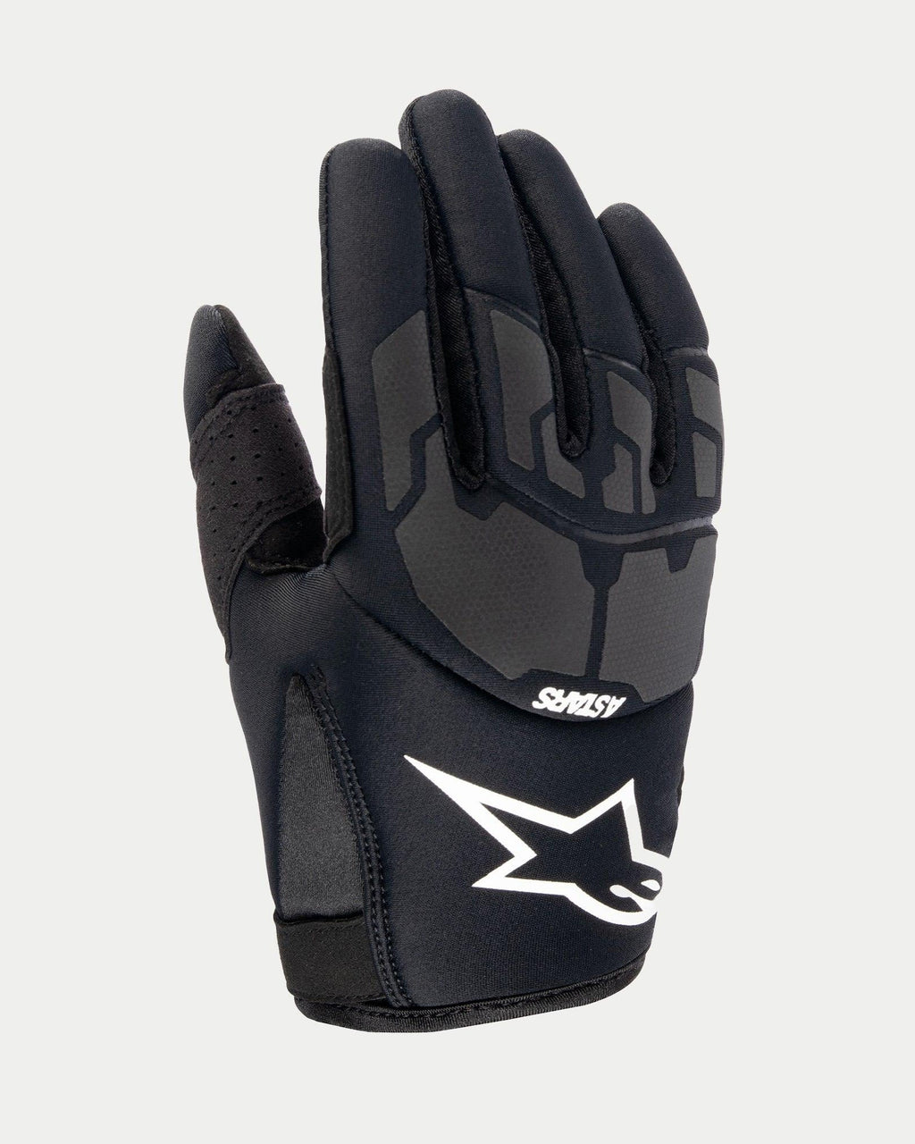 Alpinestars Youth 2024 Thermo Shielder Gloves, Black Motocross Gloves, backhand view showing neoprene construction, grey laser-laminated protective patterns, white Alpinestars logo and ASTARS branding, insulated for cool-weather off-road riding